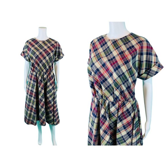 Vintage 80s Plaid Dress Women's Large Multicolored Button Skirt Rolled Sleeves